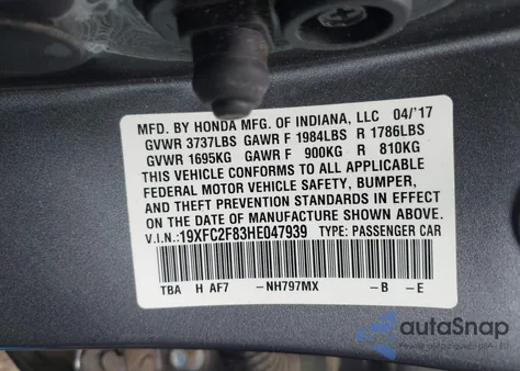 2017 Honda Civic Ex from USA, damaged, VIN 19XFC2F83HE047939